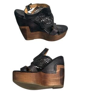 Bed Stu Petra Black Weaved Leather Distressed Wedge Sandal Size 7 Boho Chunky
